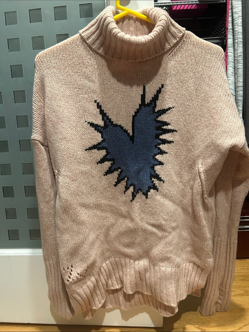 Zadig & Voltaire Blush Pink Turtleneck Sweater with Navy and Black Heart Motif